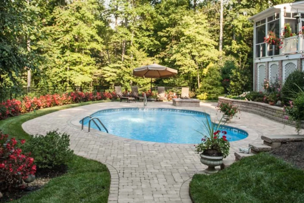 Brick Walkway and Patio with Fire Pit and Flower Garden