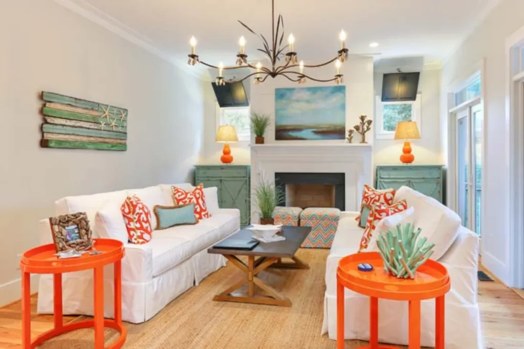 Cheerful Beach House Living Room With Coral Color Accents
