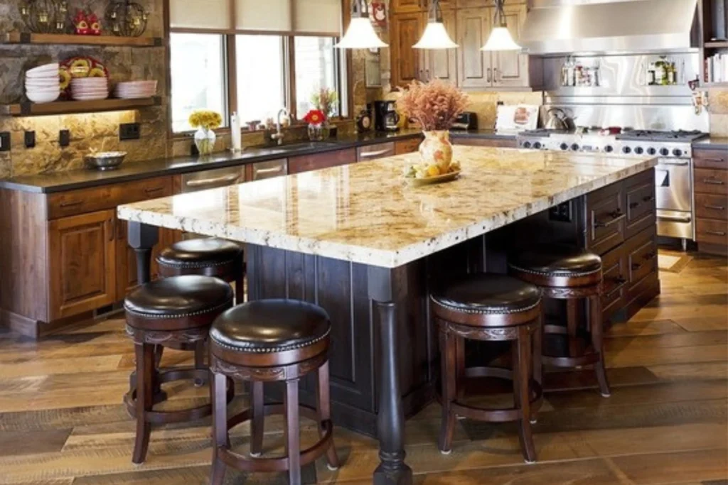 Rustic Kitchen Island with Wooden Stools