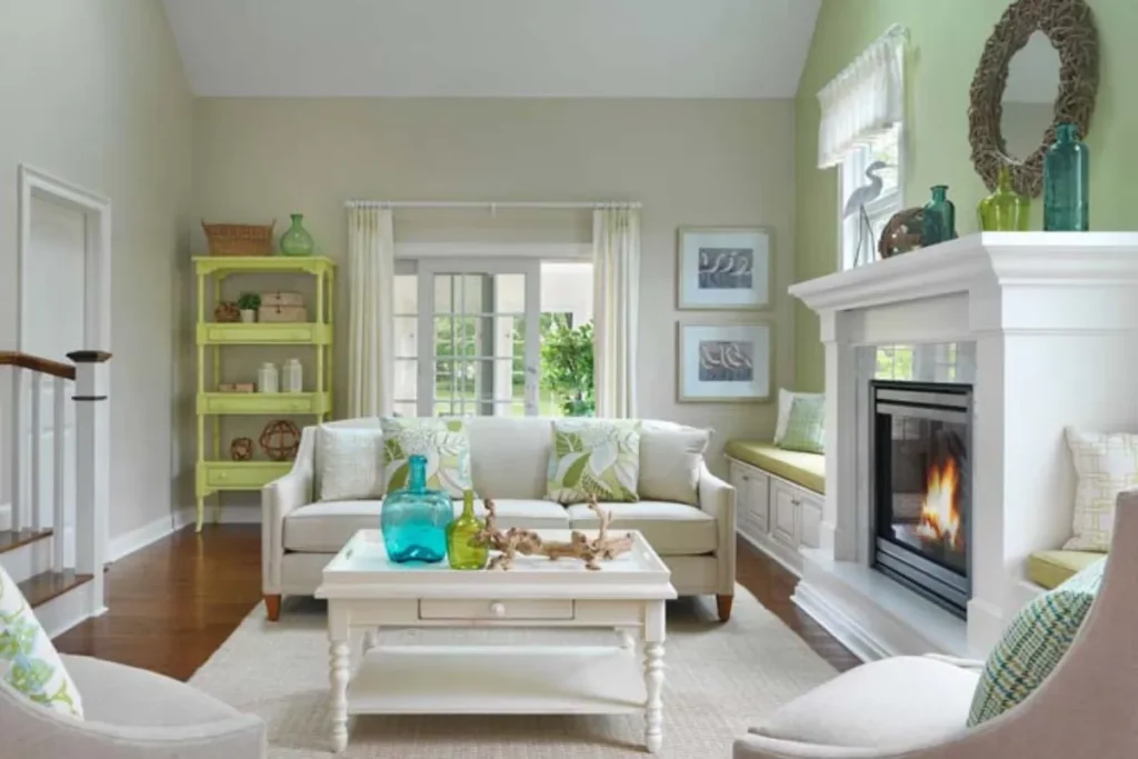 Rustic Living Room With Green, Yellow And Blue Accents