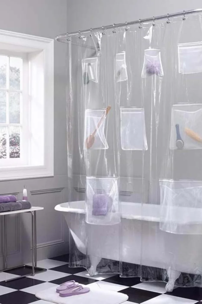 Transparent Shower Curtain With Pockets For Storage