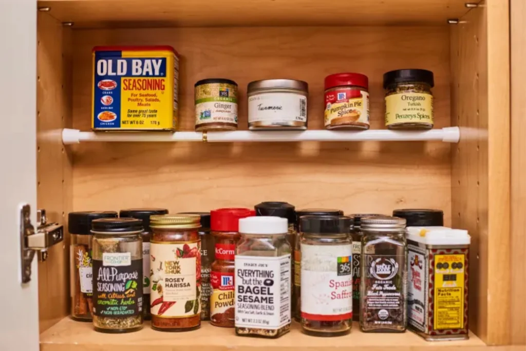 Use a tension rod to make an extra spice shelf