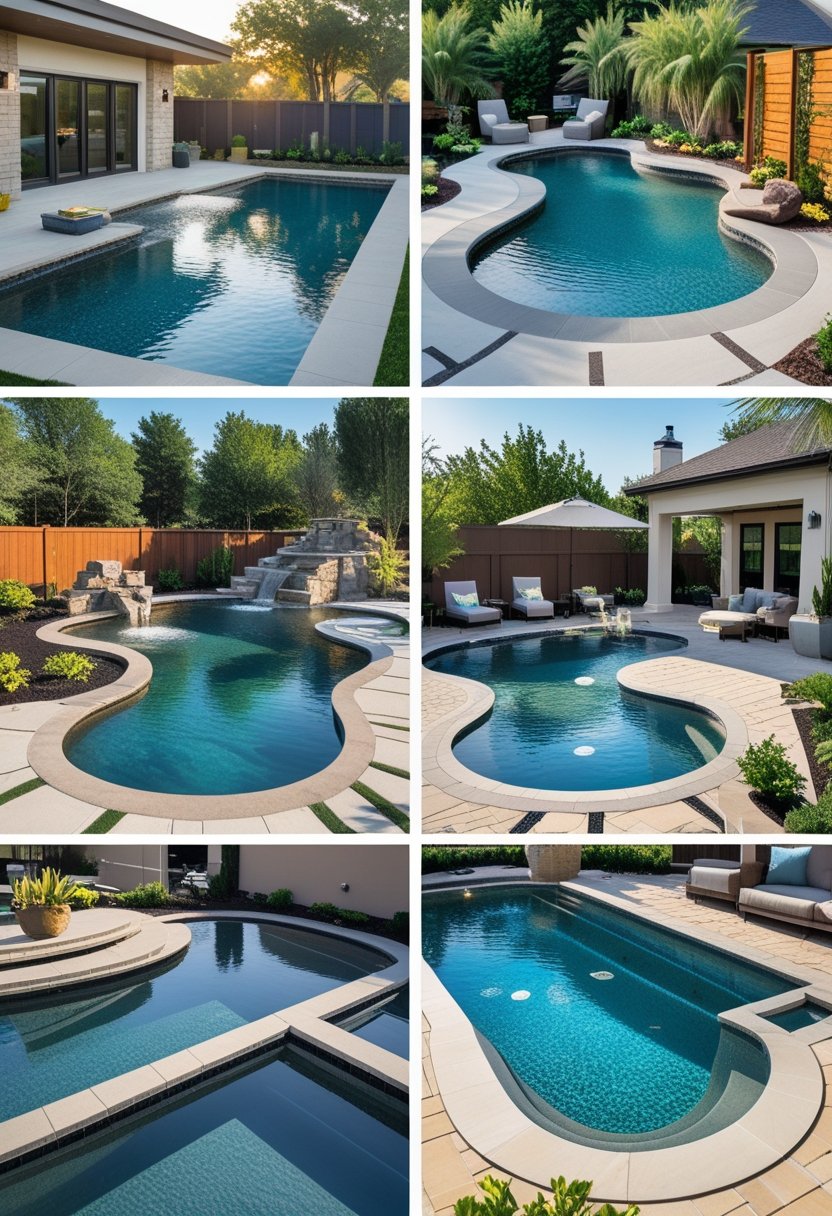 An outdoor scene showing ten different semi-inground swimming pools with various shapes and landscaping in bright daylight.