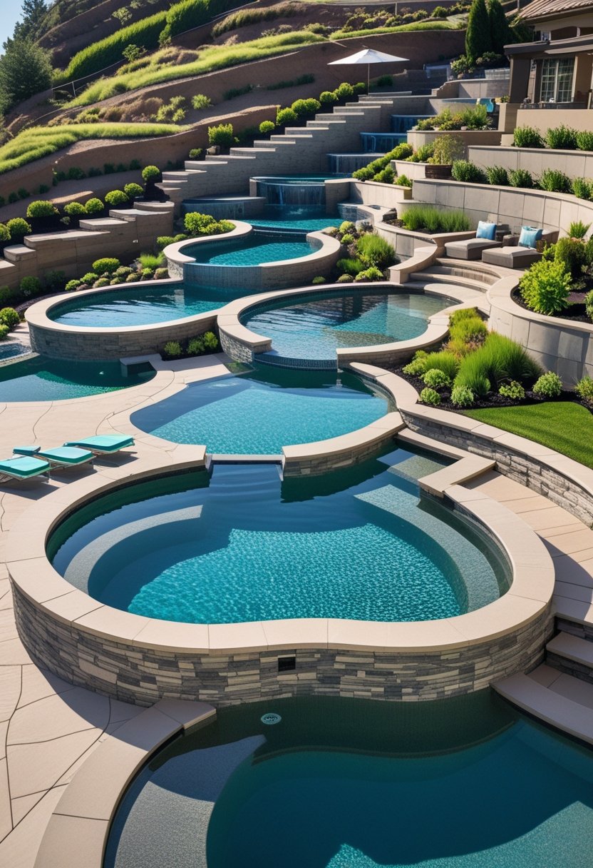 Ten semi-inground pools built into sloped hillside yards with clear water, stone and wood decking, surrounded by greenery and terraced gardens.