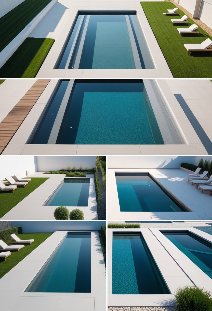 Ten modern semi-inground swimming pools with clean lines surrounded by outdoor decks and landscaping.