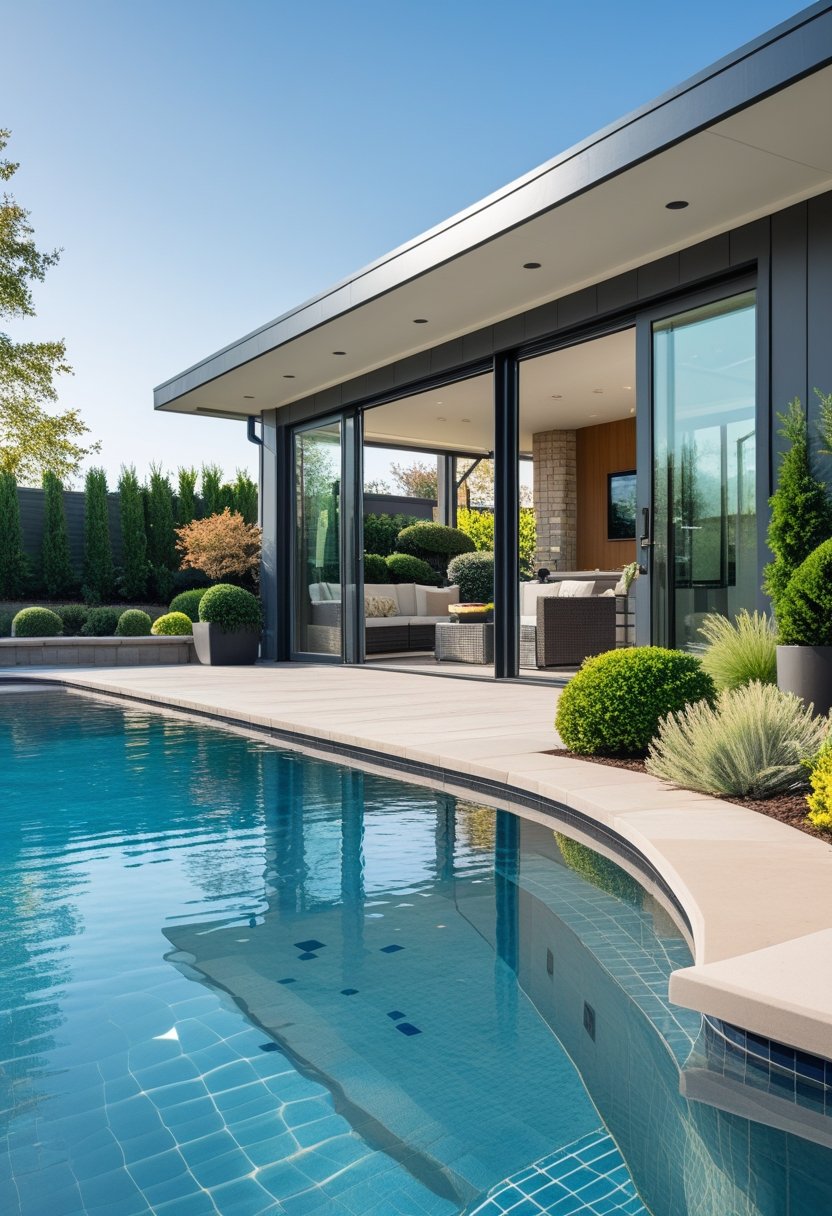 A modern pool house next to a semi-inground swimming pool surrounded by a stone deck and greenery on a sunny day.
