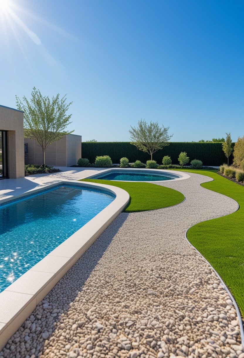 A semi-inground swimming pool with gravel walkways surrounded by grass and plants on a sunny day.