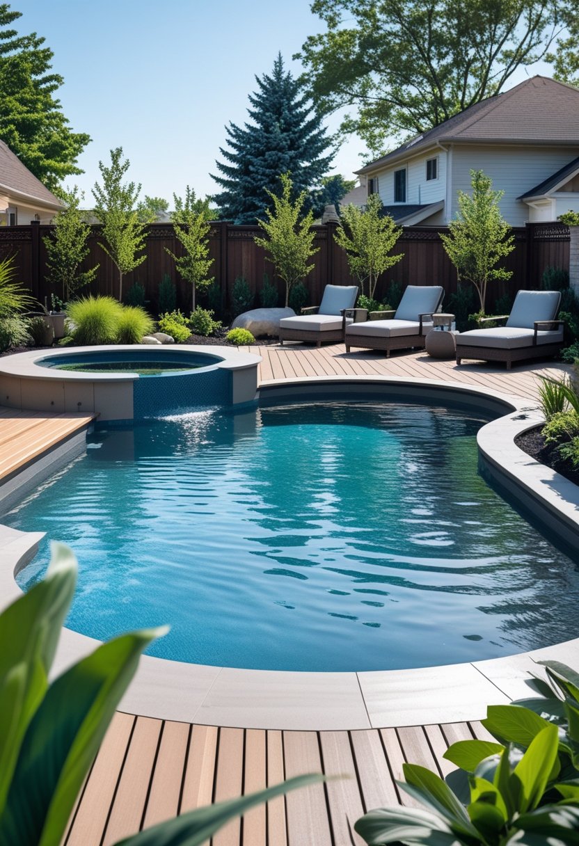 A backyard with a semi-inground swimming pool smoothly integrated into a wooden deck surrounded by lounge chairs and plants.