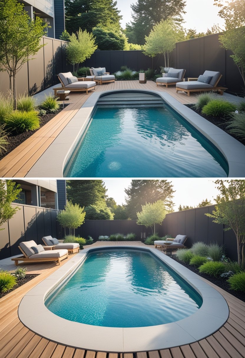A compact semi-inground pool with a wooden lounge deck, sun loungers, and surrounding greenery in a backyard setting.