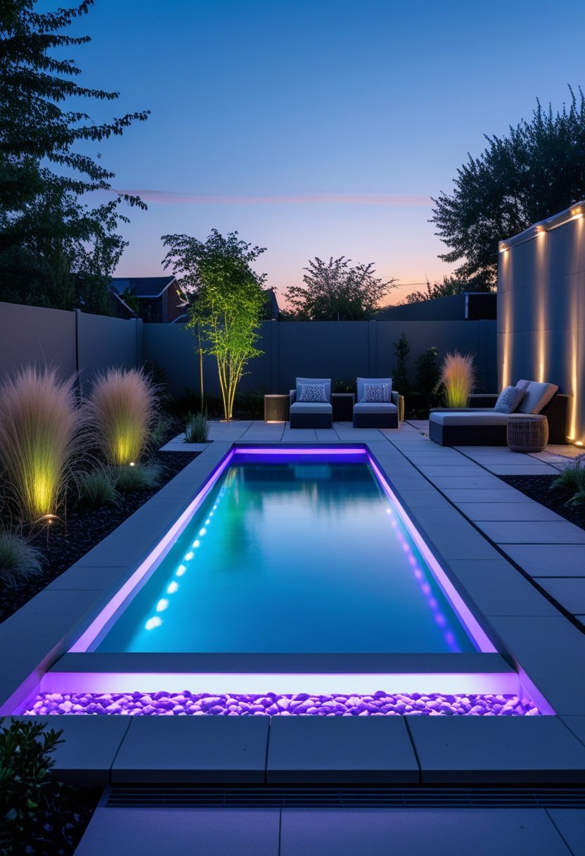 A backyard with a semi inground pool lit by colorful LED lights, surrounded by stone decking and greenery.