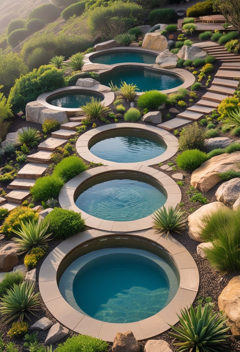 A collection of rustic semi-inground pools surrounded by natural plants, rocks, and wooden elements in an outdoor setting.