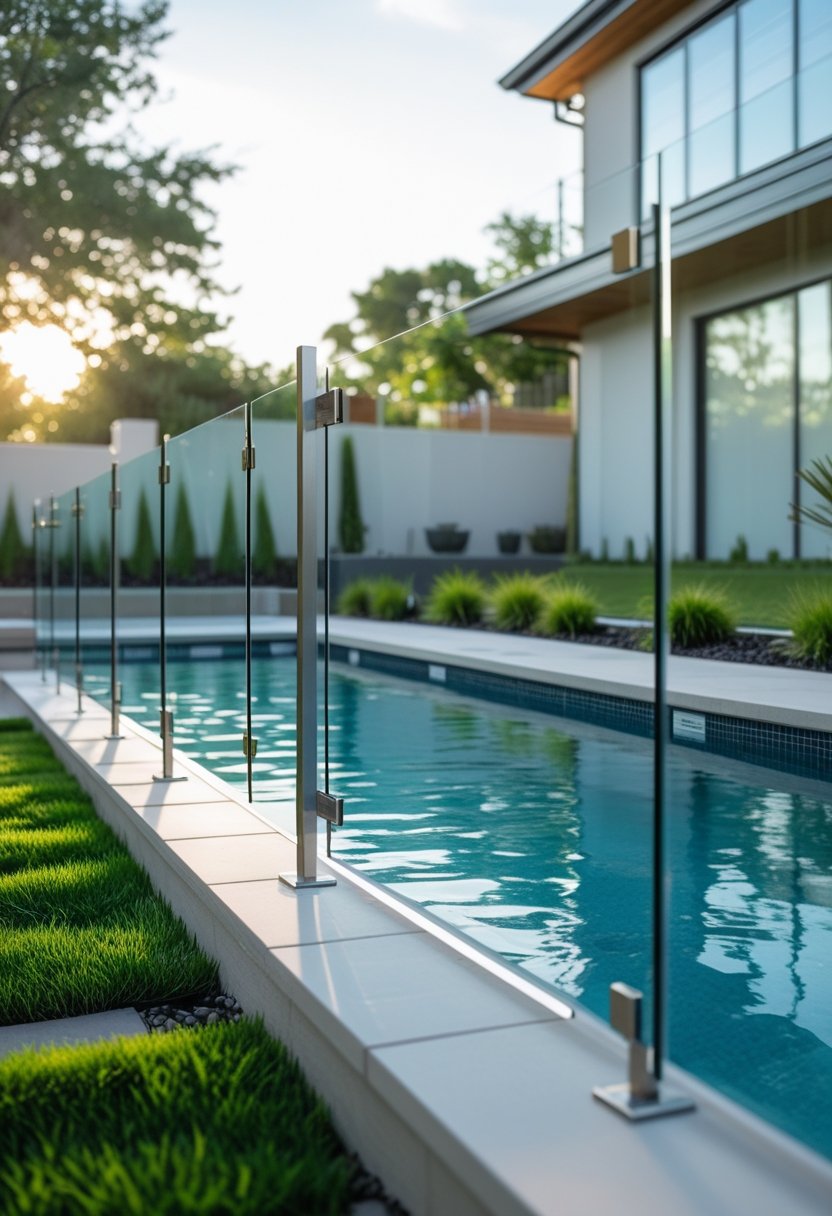 A backyard with a semi-inground swimming pool surrounded by transparent glass panel fencing and landscaped greenery.