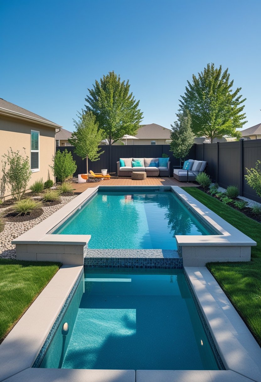 A backyard with a semi inground pool surrounded by grass, shrubs, and a wooden deck with outdoor seating on a sunny day.