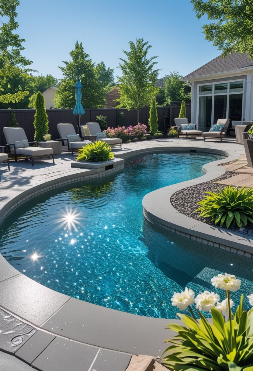 Backyard with a semi inground pool surrounded by lounge chairs, plants, and a wooden deck on a sunny day.