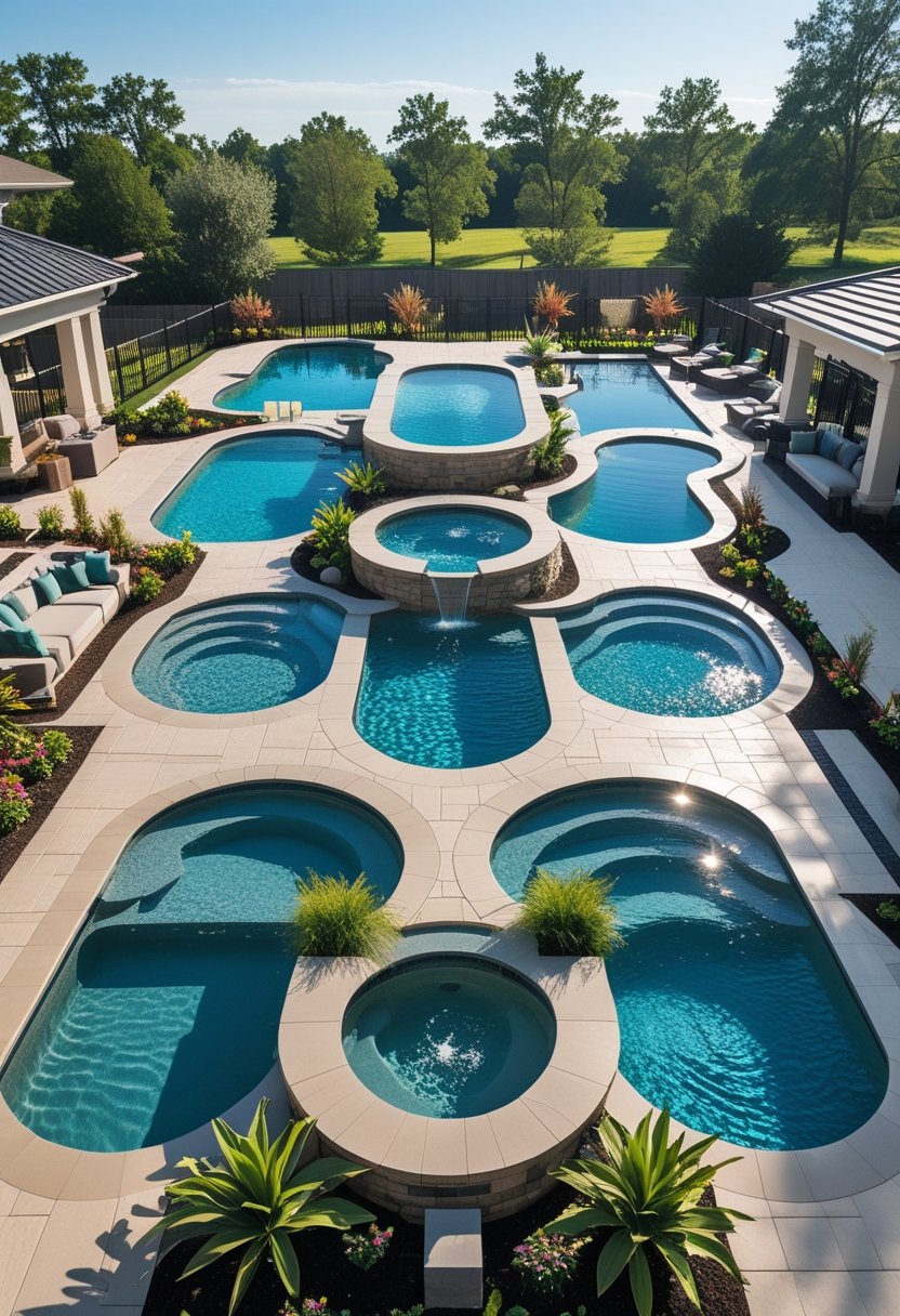 A backyard with ten different semi-inground swimming pools, each with unique shapes and surrounding landscaping.