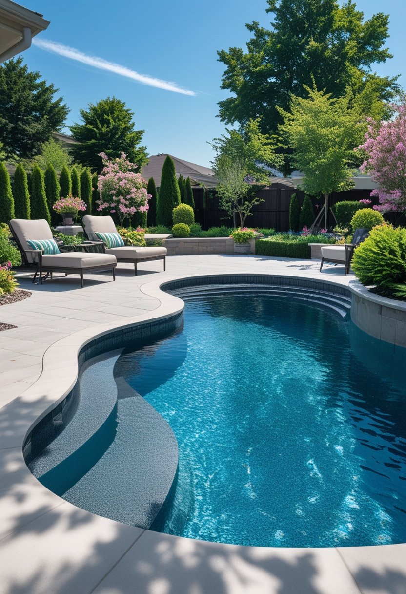 A semi-inground swimming pool in a backyard with lounge chairs and surrounding greenery on a sunny day.