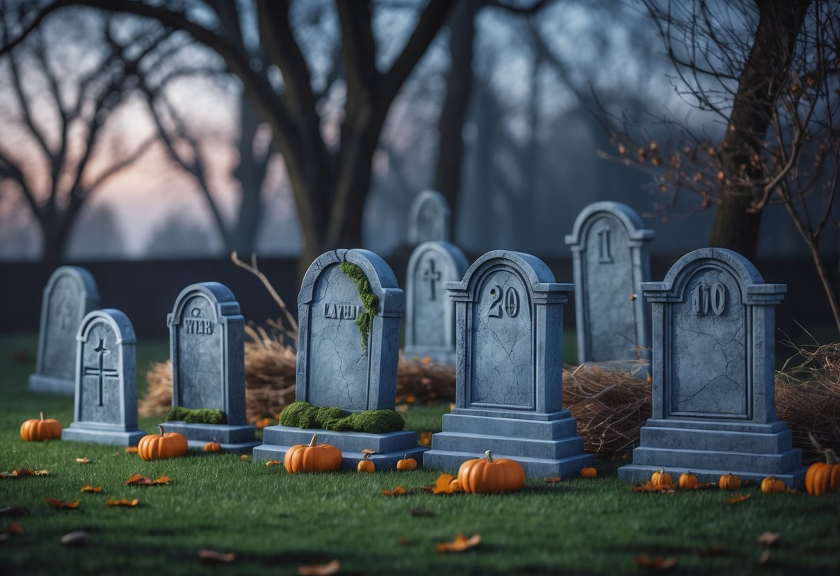 Outdoor Halloween graveyard with ten tombstones arranged on grass surrounded by autumn leaves and small pumpkins.