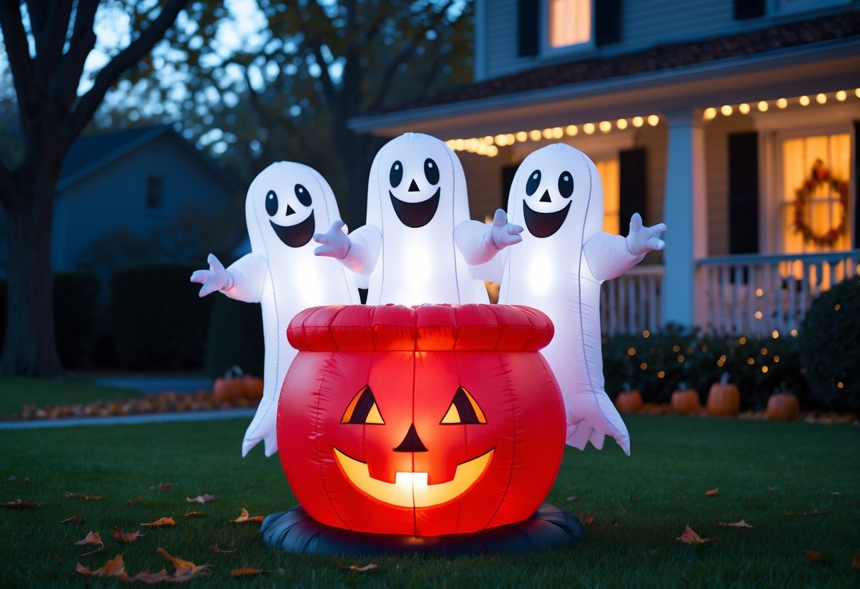Three white inflatable ghosts glowing inside a red cauldron on a green lawn with autumn leaves in a suburban yard at dusk.