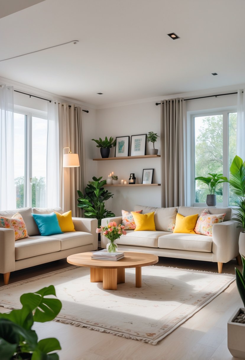 A bright living room with a beige sofa, coffee table, floor lamp, large windows, framed artwork, and indoor plants.