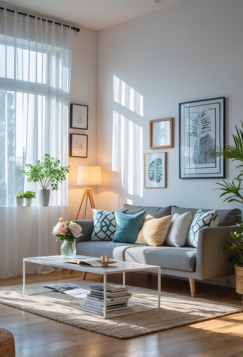 A well-lit living room with a sofa, coffee table, plants, and framed artwork on the walls.