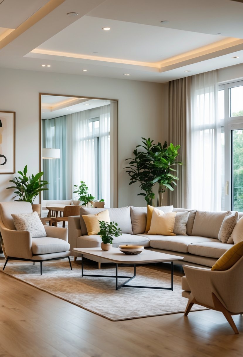 A well-lit living room with a sofa, coffee table, armchair, plants, and decorative items arranged neatly.
