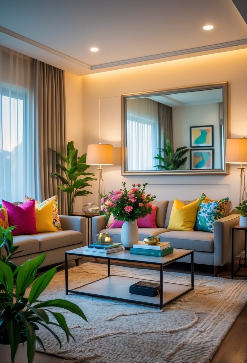 A living room with a sofa, coffee table with flowers, lamps, framed artwork, a mirror, indoor plants, and a window with sheer curtains.