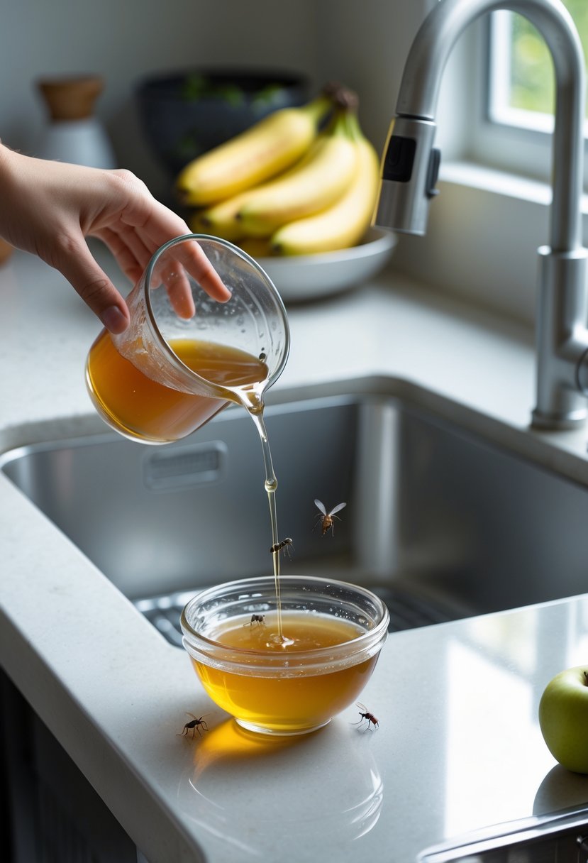 A kitchen countertop with a glass bowl containing apple cider vinegar and dish soap, a hand pouring the mixture, and small gnats flying near a bowl of fruit.
