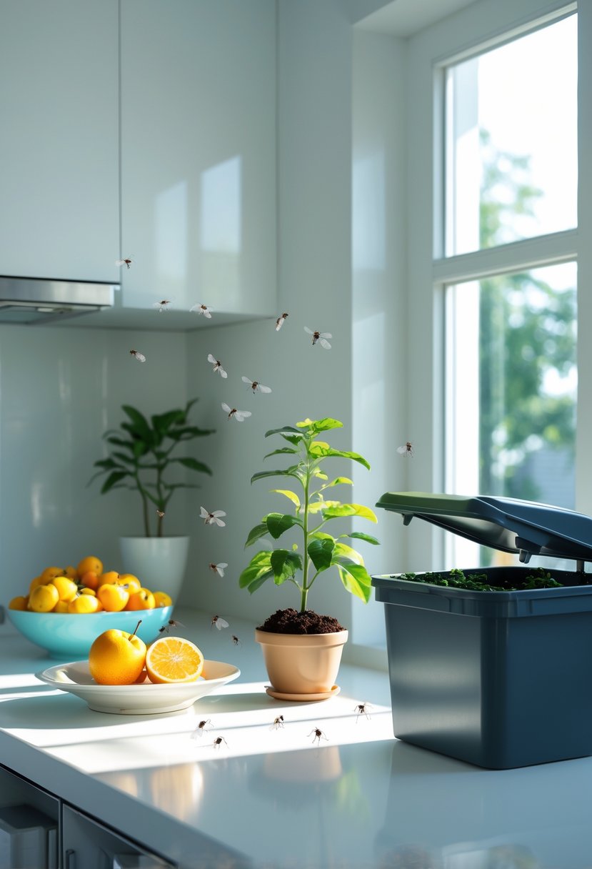 A kitchen countertop with overripe fruit, a potted plant, and an open trash bin, showing small gnats flying nearby.
