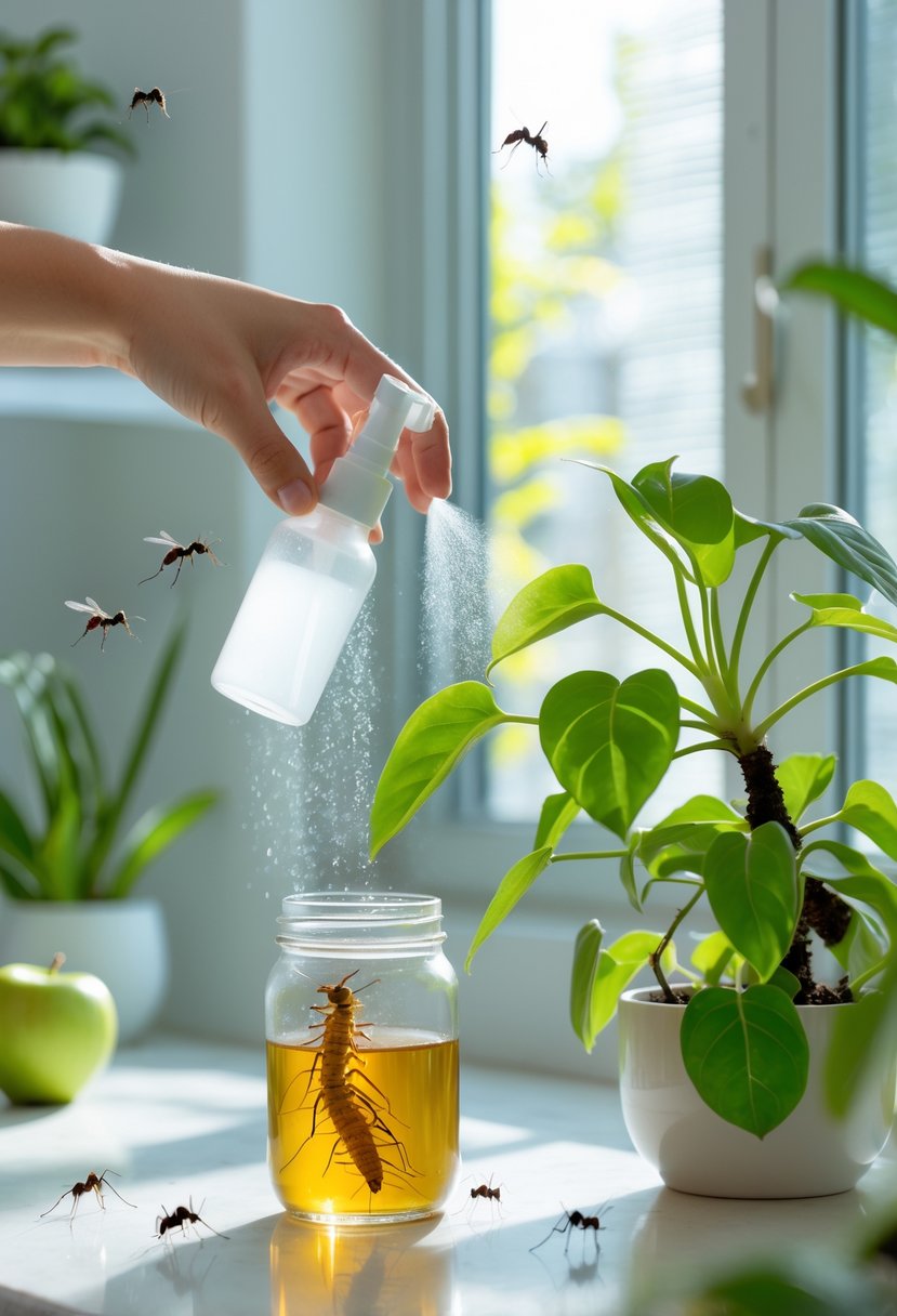 A person spraying a houseplant and a natural gnat trap on a kitchen countertop to get rid of gnats.