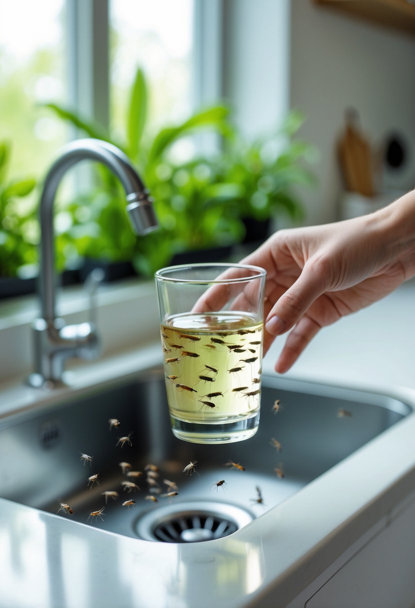 A hand holding a glass with a natural gnat trap near a kitchen sink with small gnats flying nearby.
