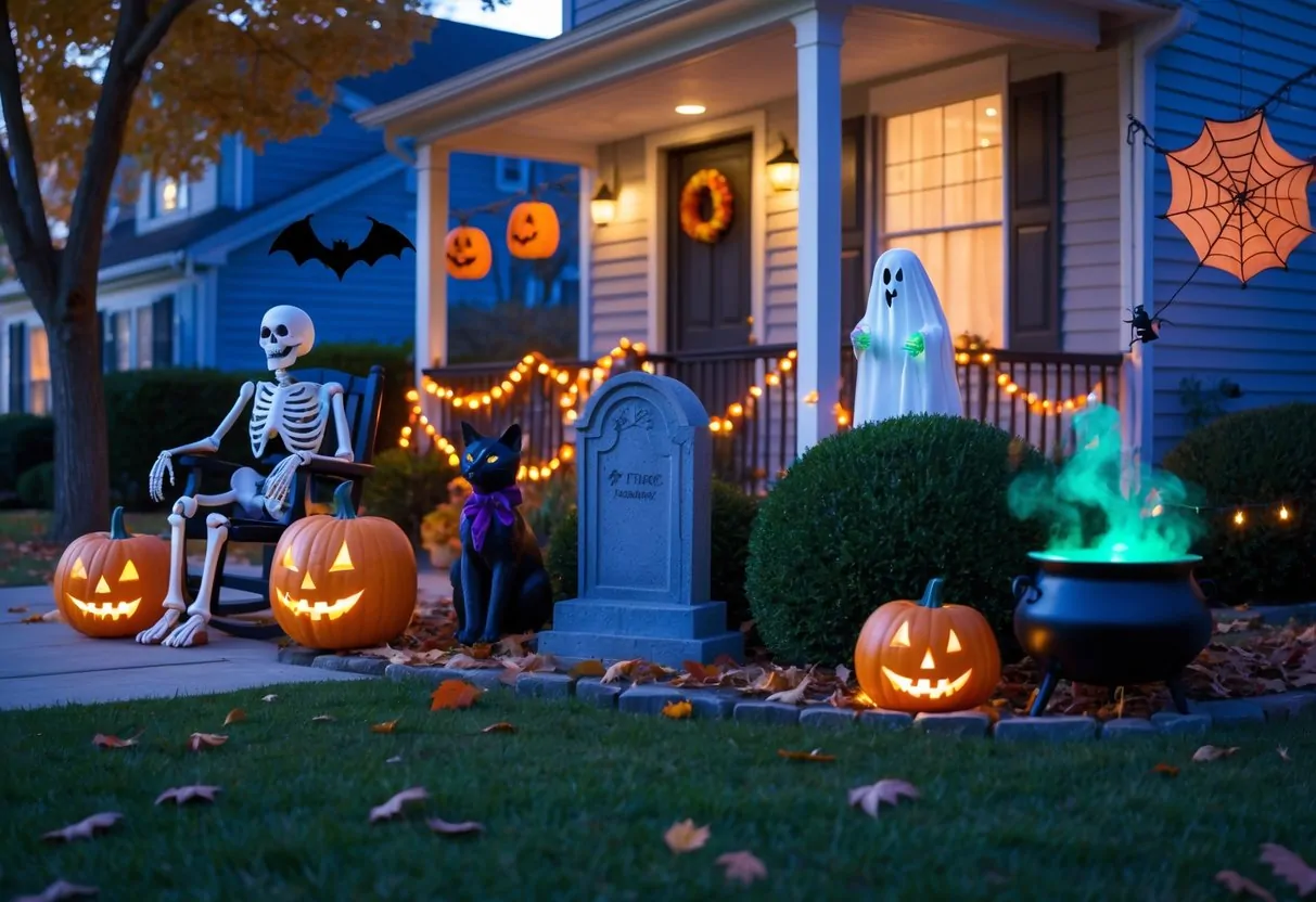 A front yard decorated with ten different Halloween decorations including a skeleton, jack-o'-lantern, ghost, black cat, tombstone, spider web, scarecrow, witch's cauldron, string lights, and hanging bats.