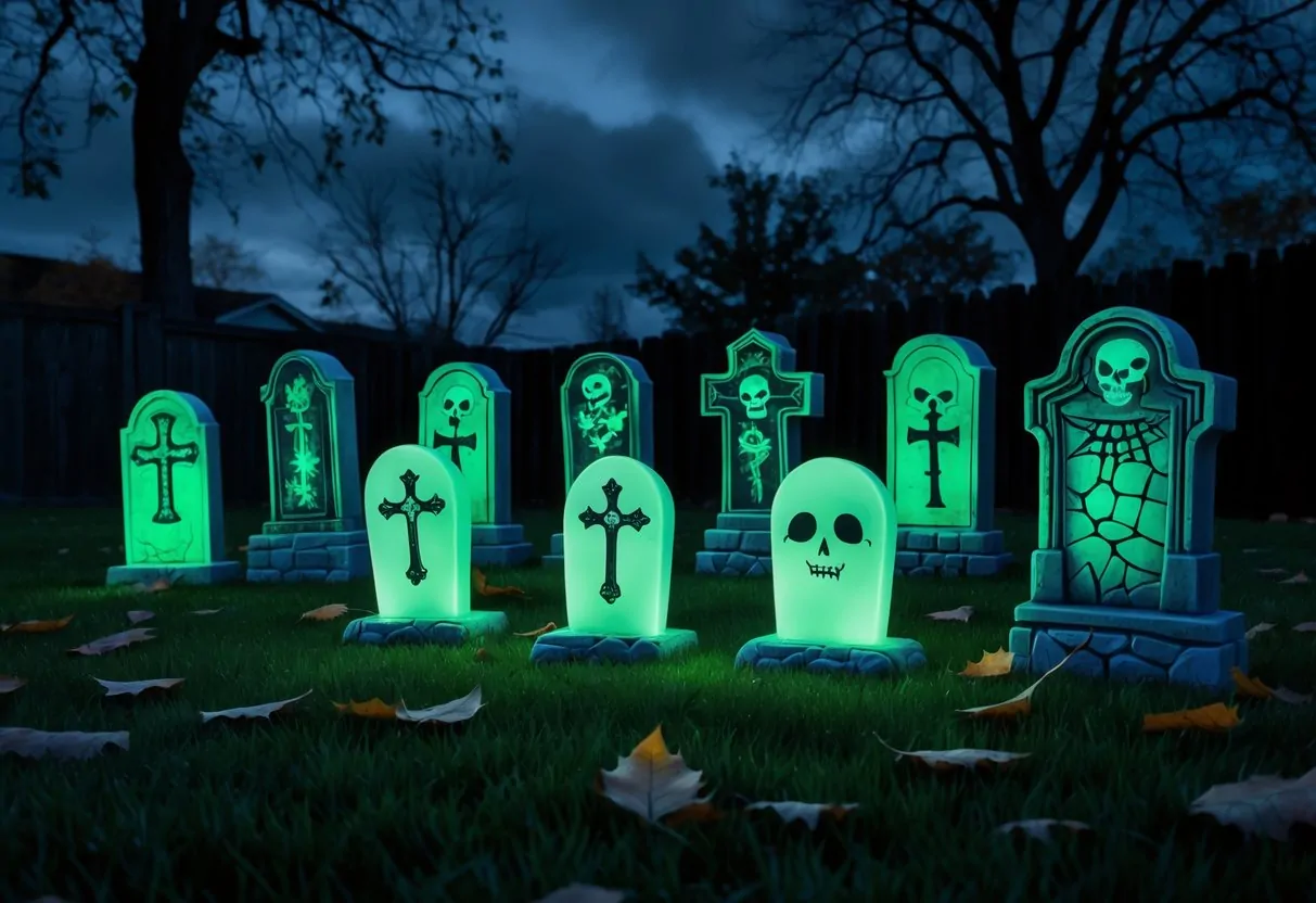 Ten glowing tombstones arranged on a grassy yard at night with leafless trees in the background.