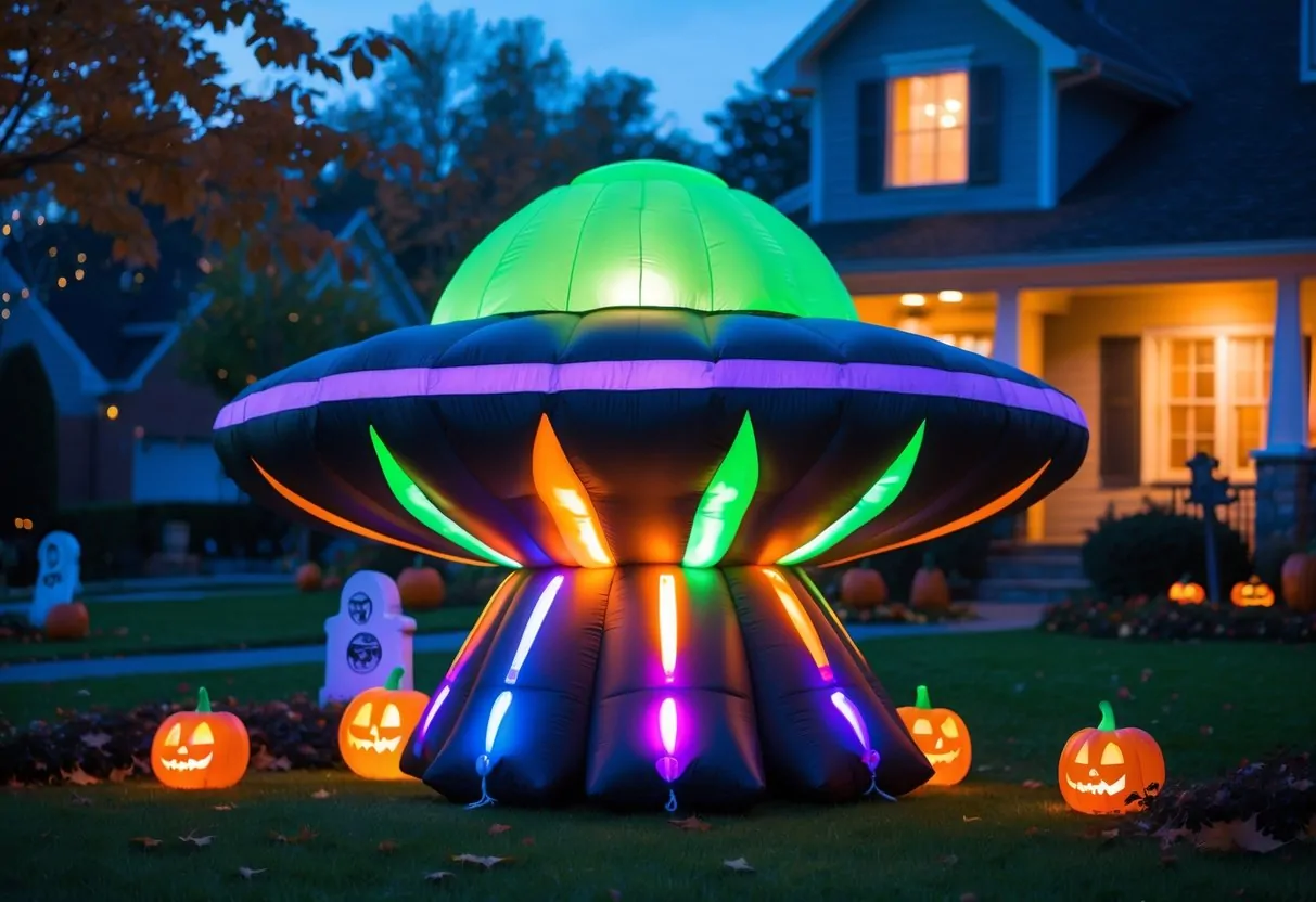 A large UFO-shaped inflatable with colorful LED lights set up in a yard decorated for Halloween at dusk.