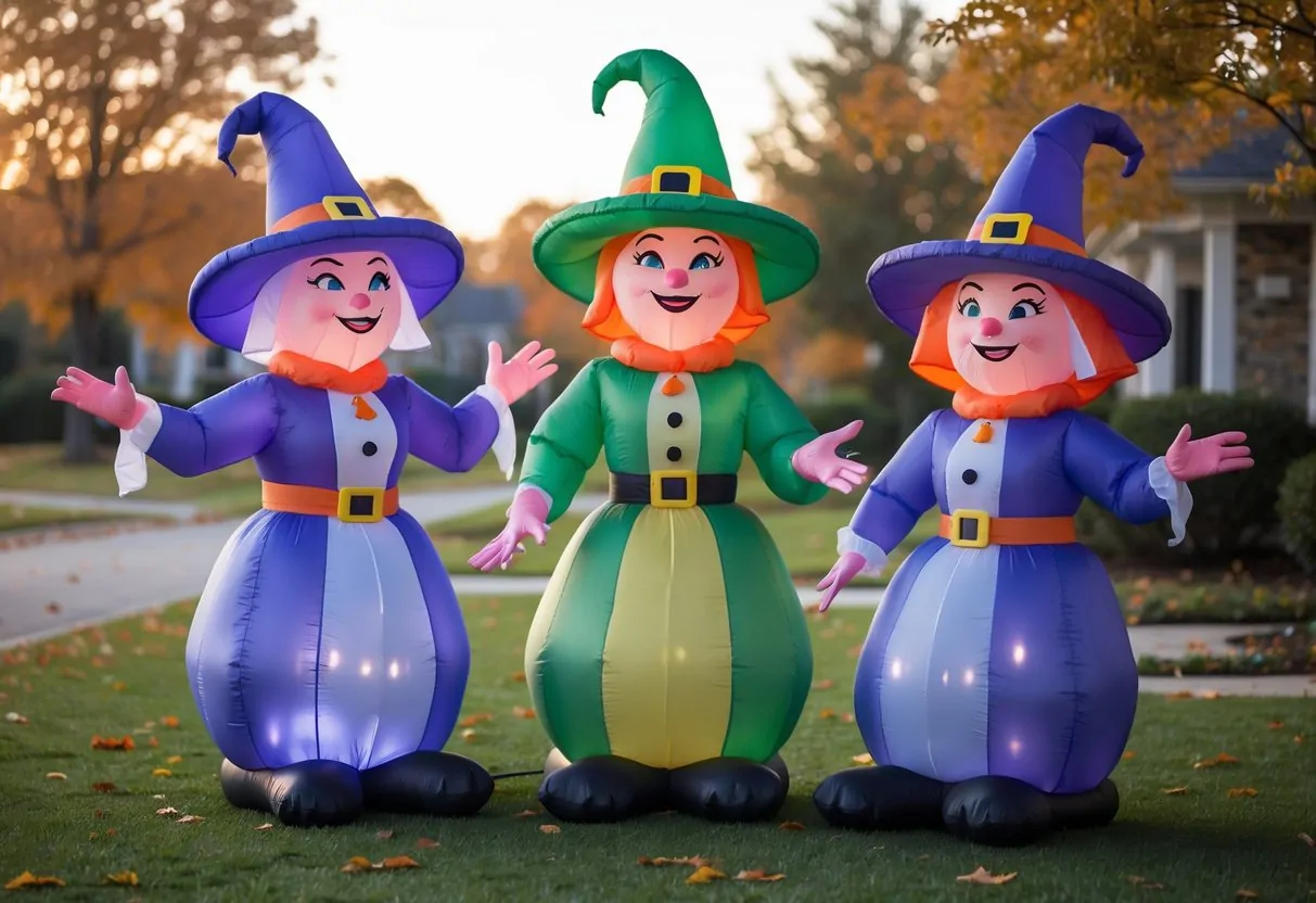 Three colorful inflatable Halloween decorations of the Hocus Pocus witches standing on a green lawn with autumn leaves and a suburban neighborhood in the background.