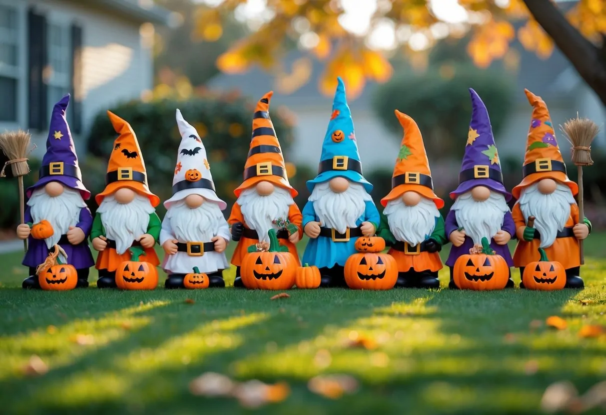 Ten Halloween-themed gnome lawn decorations arranged on a green lawn with autumn foliage in the background.