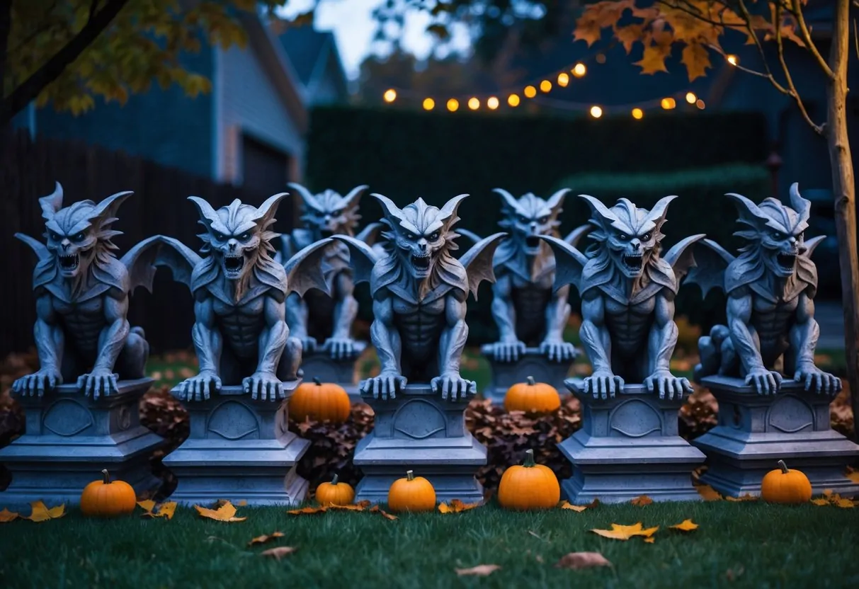 Ten Halloween gargoyle statues arranged outdoors in a yard with autumn leaves and pumpkins.