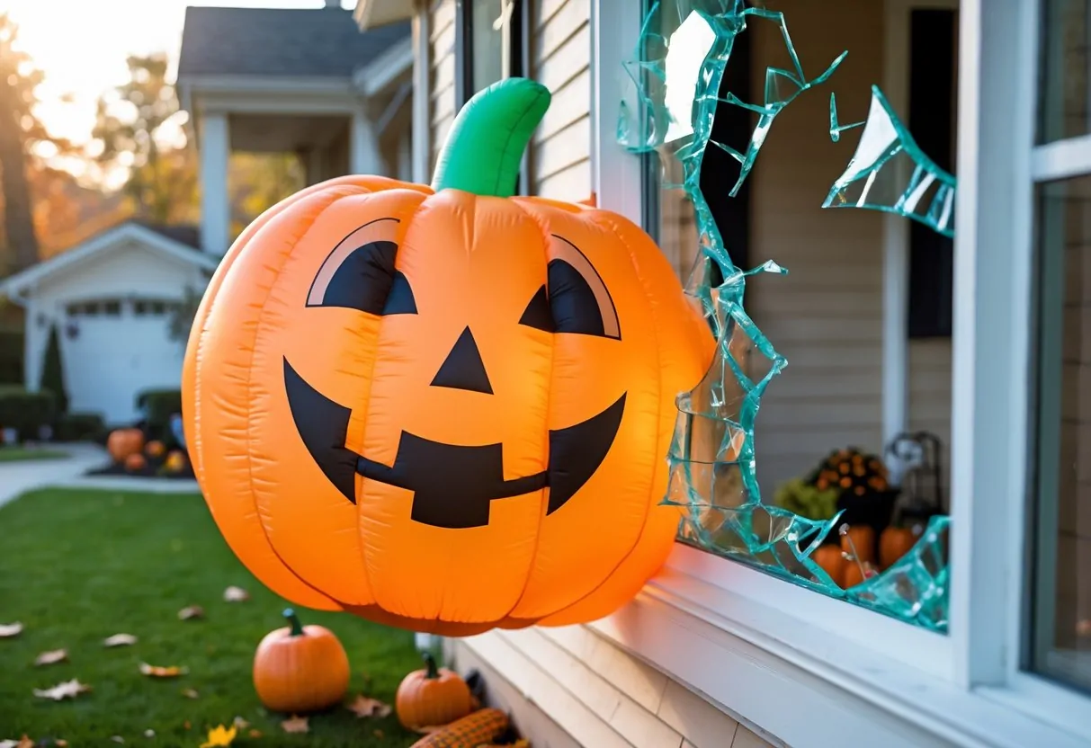 An inflatable flying pumpkin decoration breaking through a house window with broken glass around it in a yard with autumn leaves.