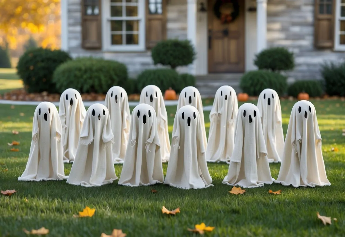 Ten primitive baby ghost lawn ornaments arranged on a grassy yard in front of a farmhouse with autumn leaves scattered around.
