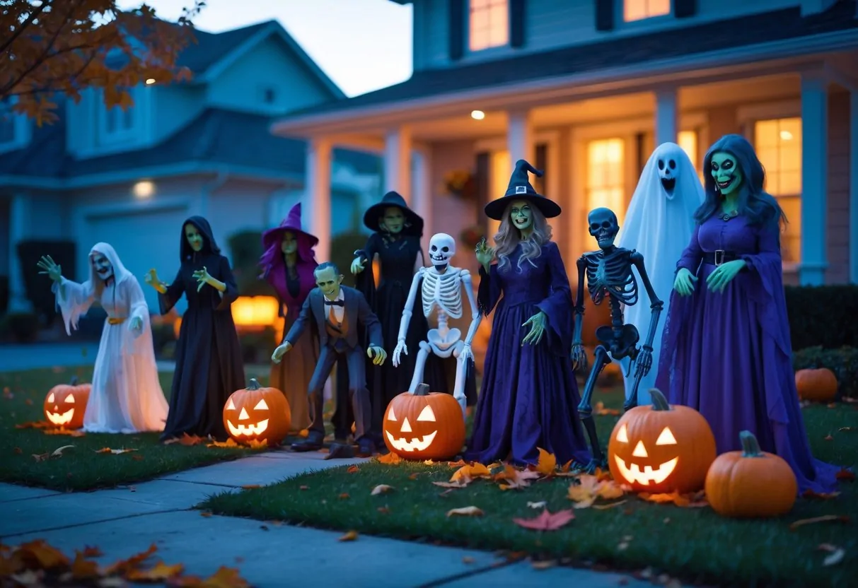 Ten Halloween animatronic figures arranged as yard decorations in a front yard at dusk with pumpkins and autumn leaves.